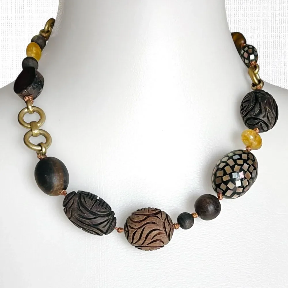 Kenneth Cole Necklace Carved Wood Bead Mother of Pearl Tribal Brown Gold Tone